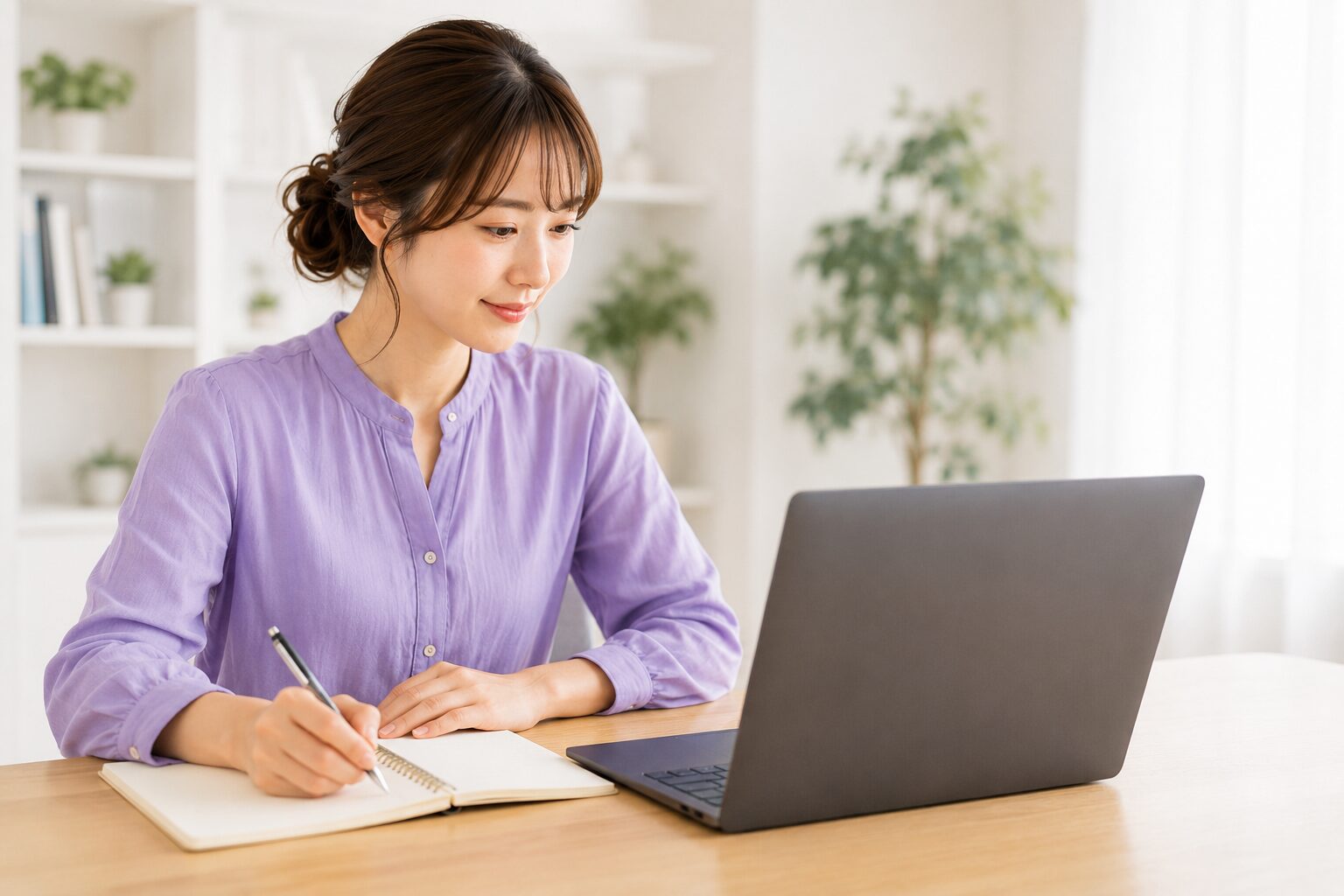 ノートPCを見ながら動画化ツールの使い分けメモを書く女性