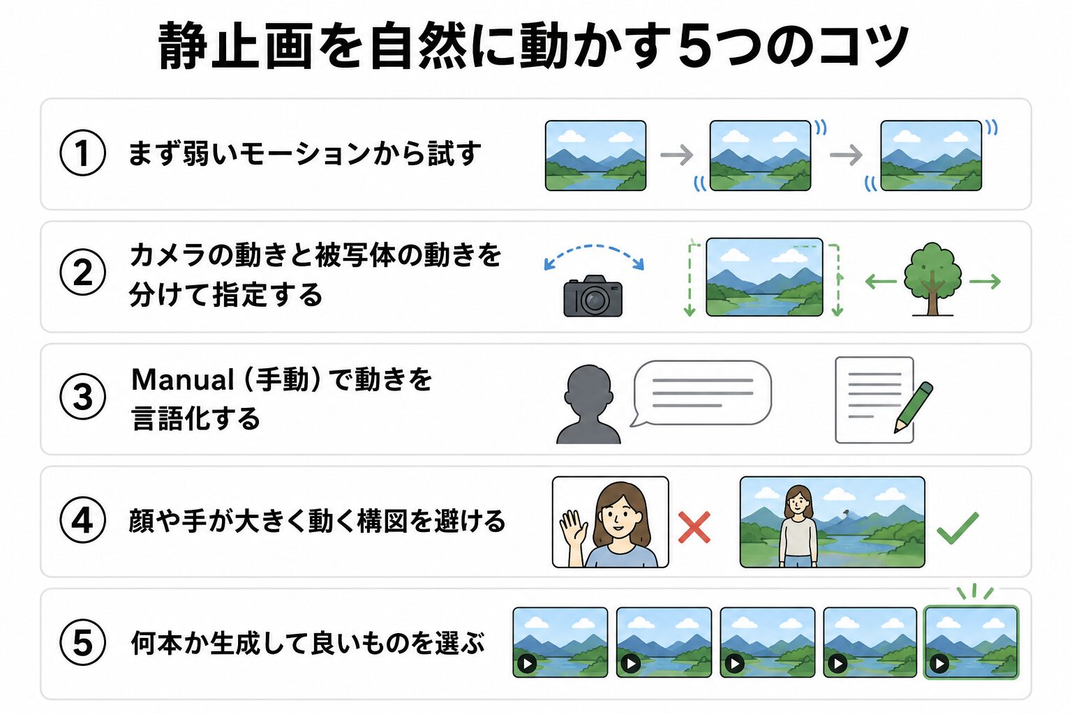 静止画を自然に動かす5つのコツの図解