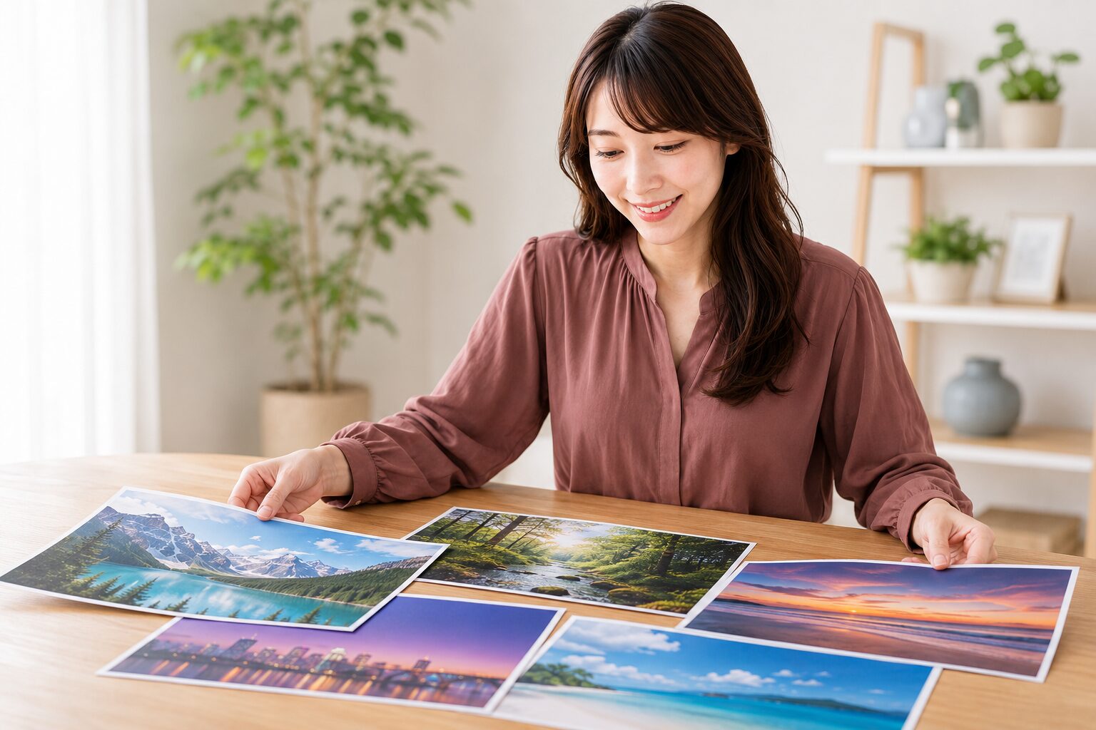 プリントした風景画像を並べて売れそうなものを見比べる女性