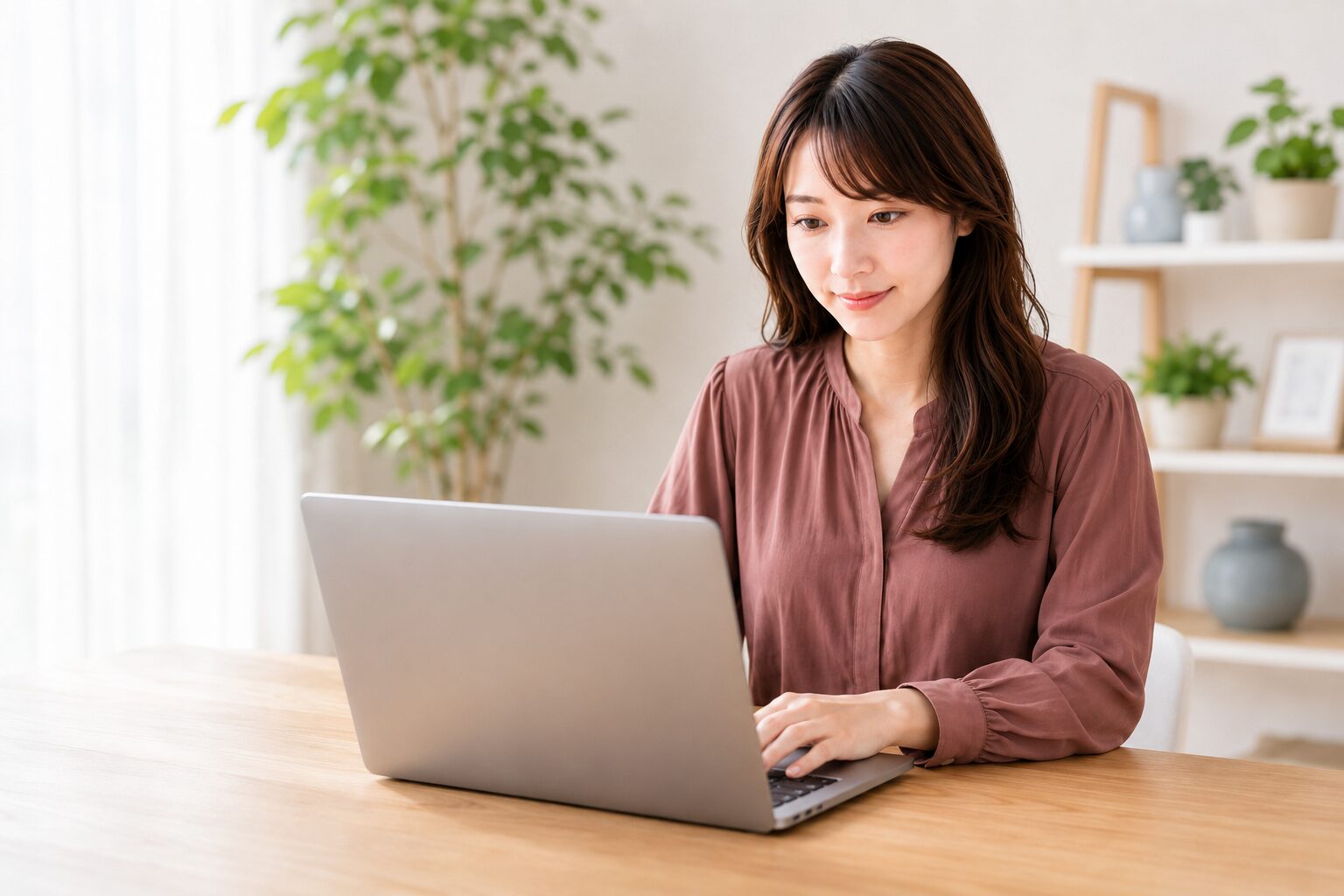 ノートPCで販売用のAI画像を仕上げる女性