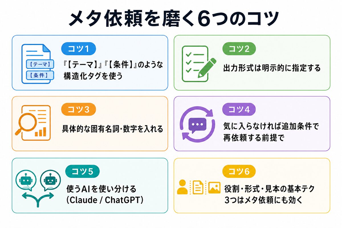 メタ依頼を磨く6つのコツ(構造化タグ・出力形式指定・固有名詞など)の図解