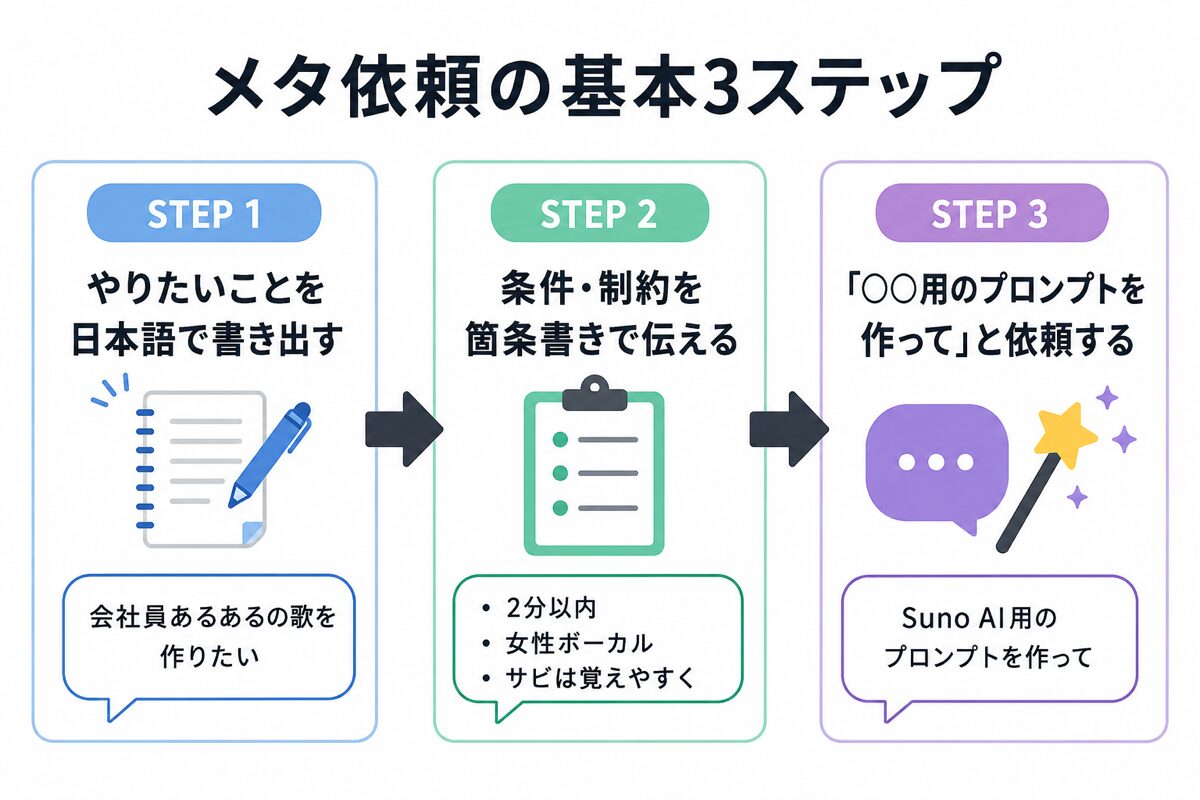 メタ依頼の基本3ステップ(やりたいことを書き出す・条件を伝える・プロンプトを作ってと依頼する)の図解