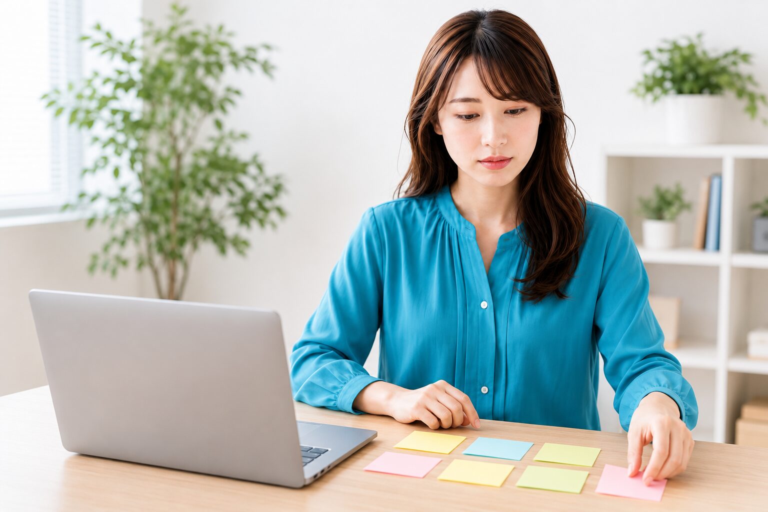 デスクで付箋を並べてAIチームの役割分担を整理する女性