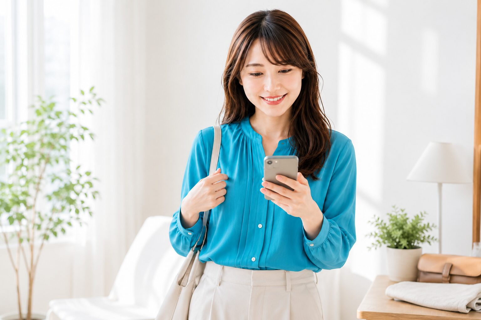 朝の部屋で出かける前にスマホで進捗を確認する女性