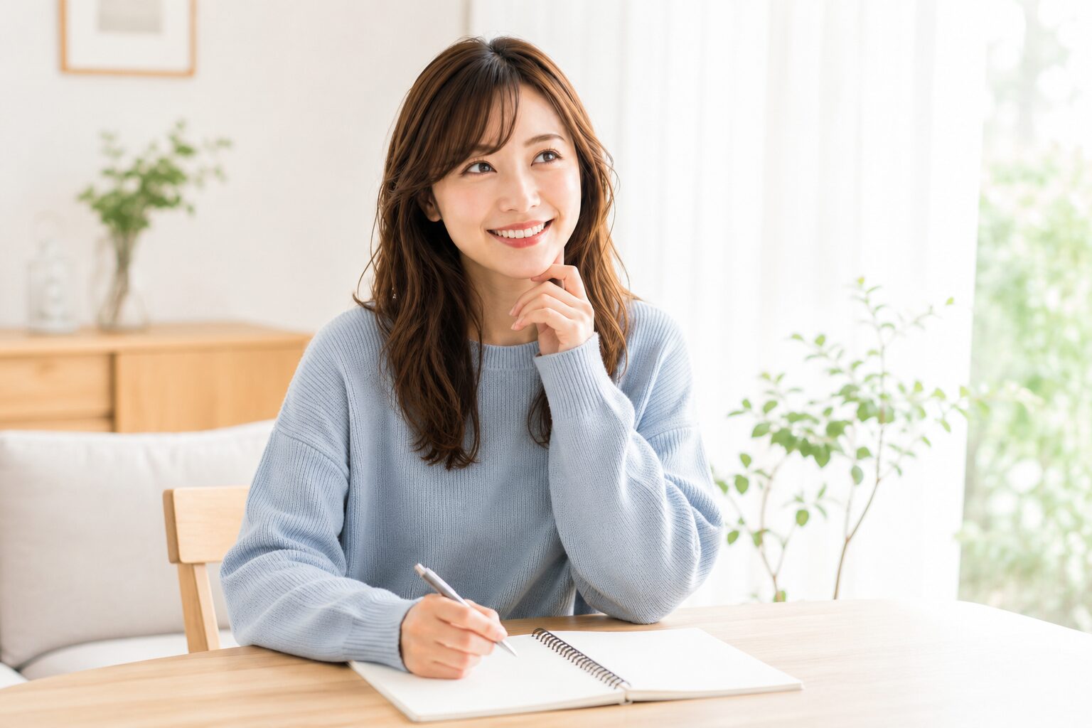 ノートにブログのテーマ案を書き出しながら考える女性