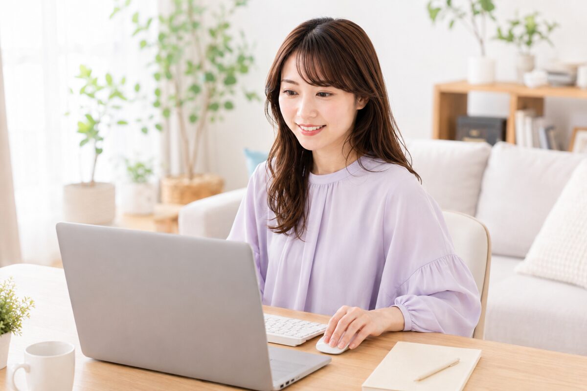 自宅でCanvaを使ってデザイン作業をする会社員のイメージ