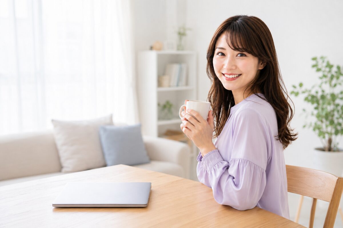 デザイン作業を終えてコーヒーでひと息つく会社員のイメージ