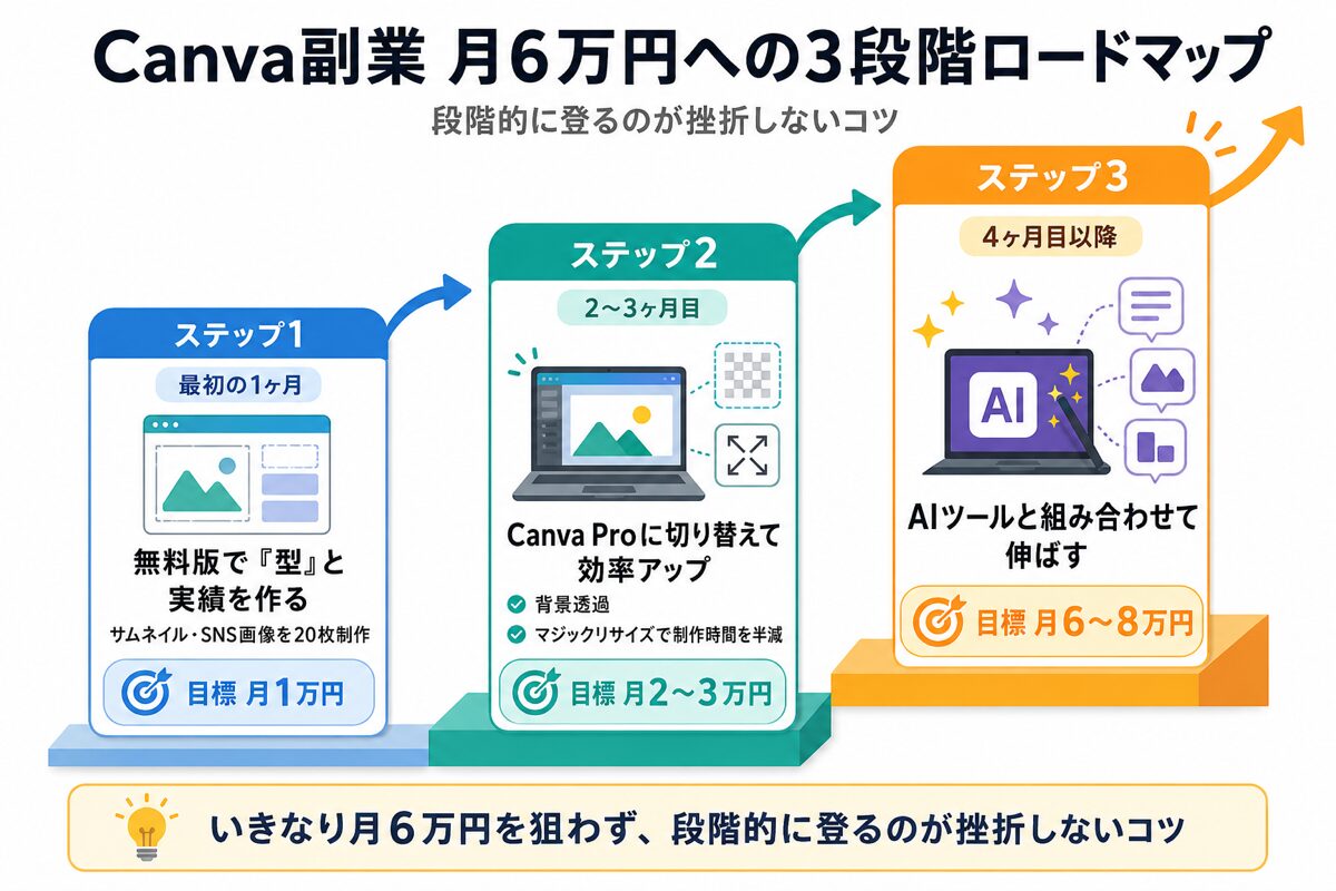 Canva副業で月6万円を目指す3段階ロードマップの図解