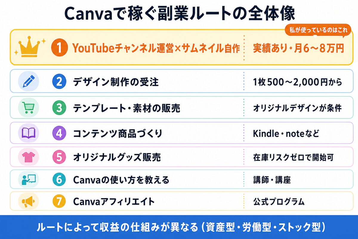 Canvaで稼ぐ7つの副業ルート(YouTube運営×サムネ自作・デザイン受注・テンプレ販売など)の全体像図解