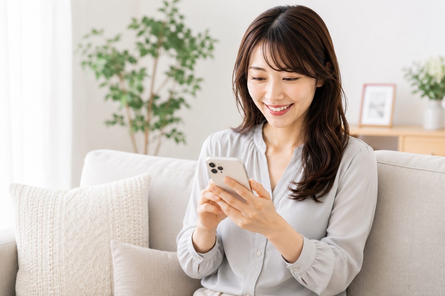ソファでスマホからChatGPTに指示を入力する女性