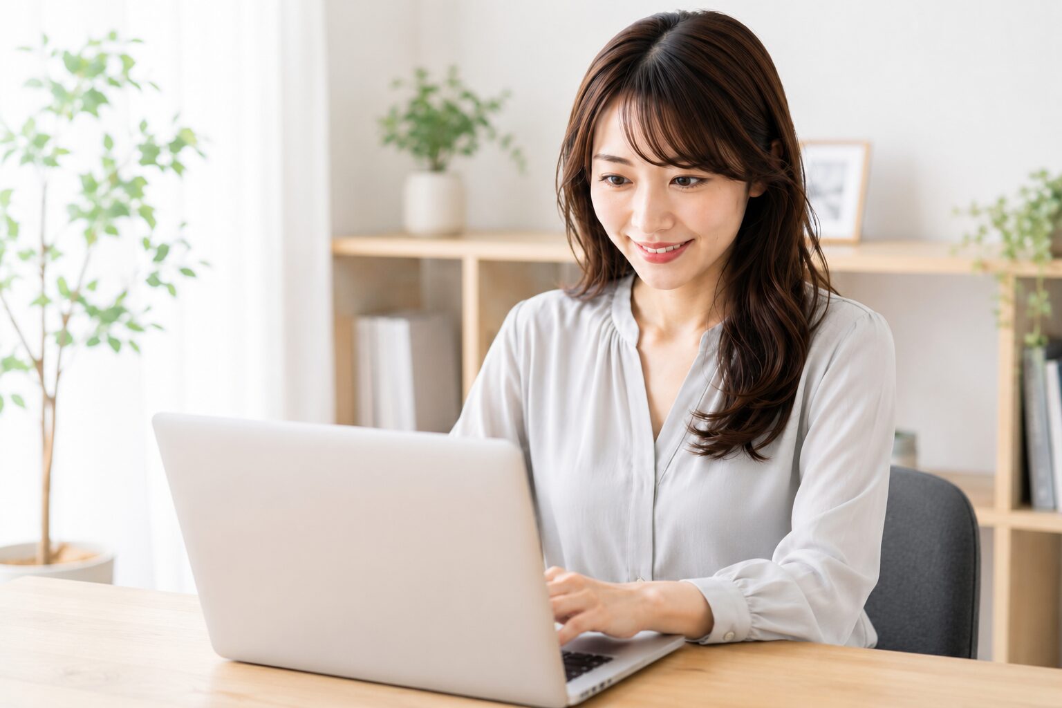 デスクでノートPCに向かい集中して文章を書く女性