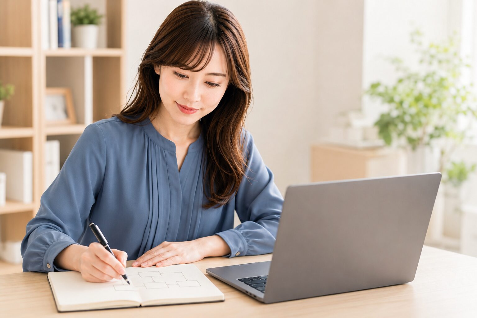 ノートにフロー図を書きながらAI連携の仕組みを設計する女性