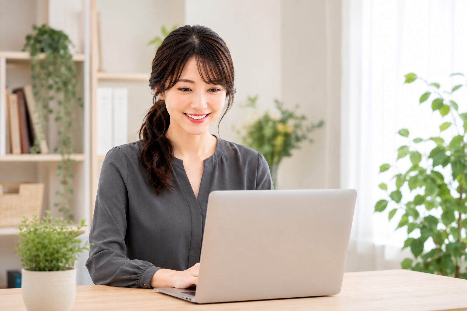 自宅デスクでノートPCを開きClaude Codeでの副業を始める女性