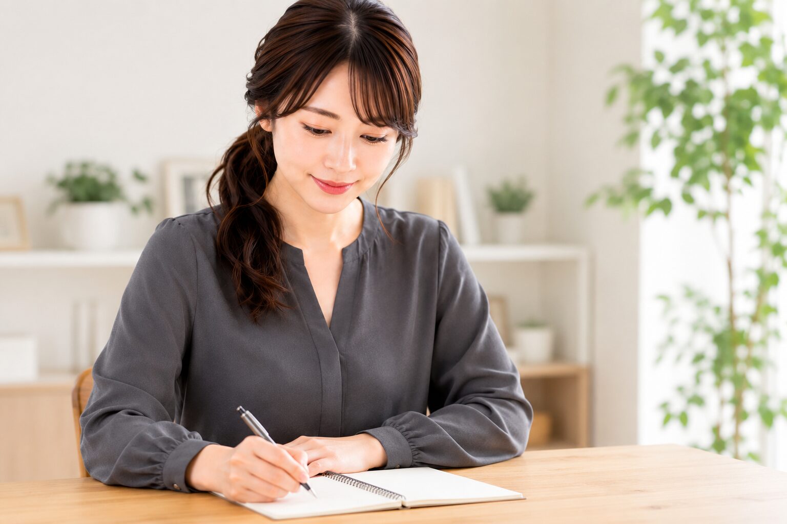 ノートに月5万円から月30万円へのステップ計画を書き込む女性