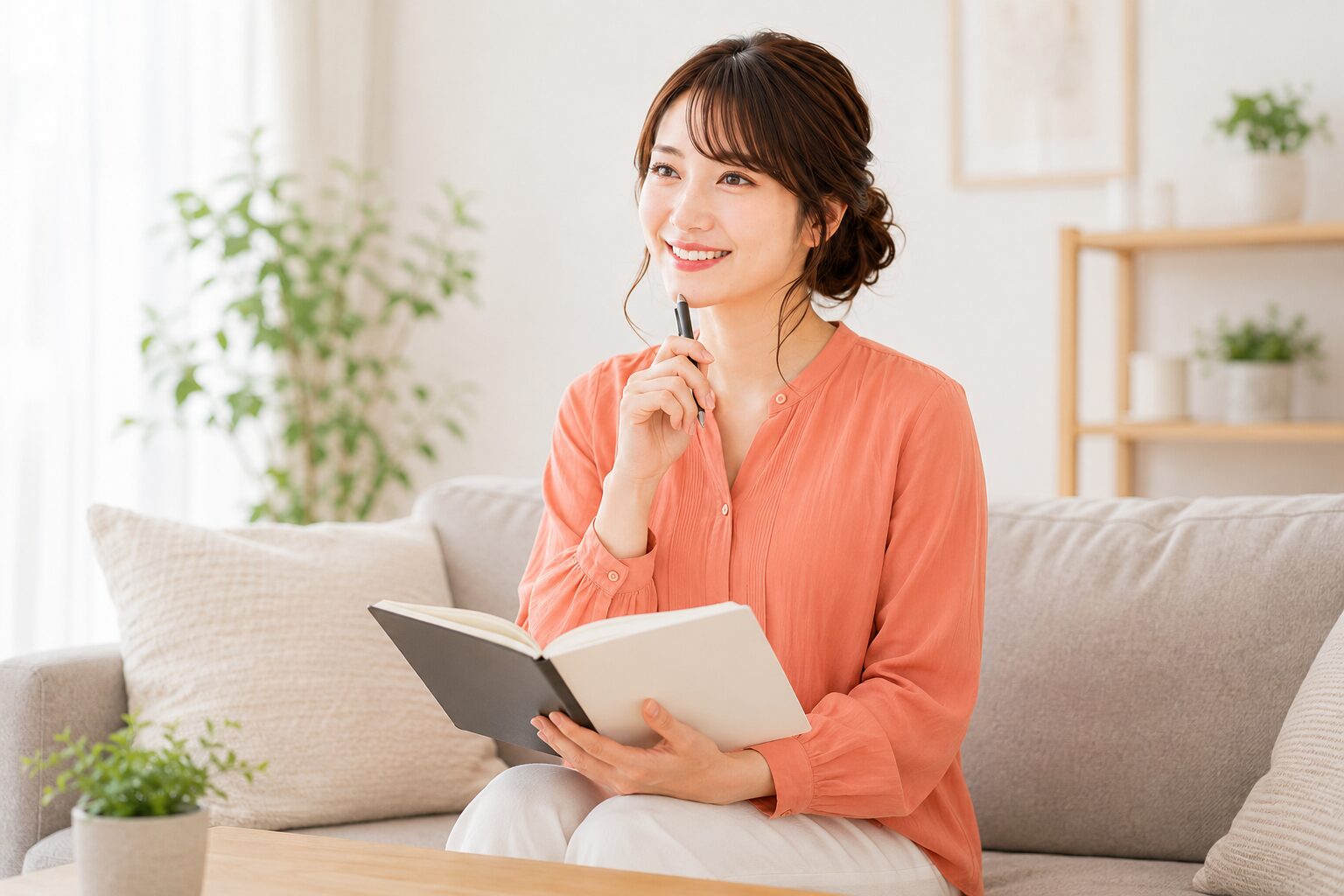 リビングのソファでノートを手に副業のアイデアを考える女性