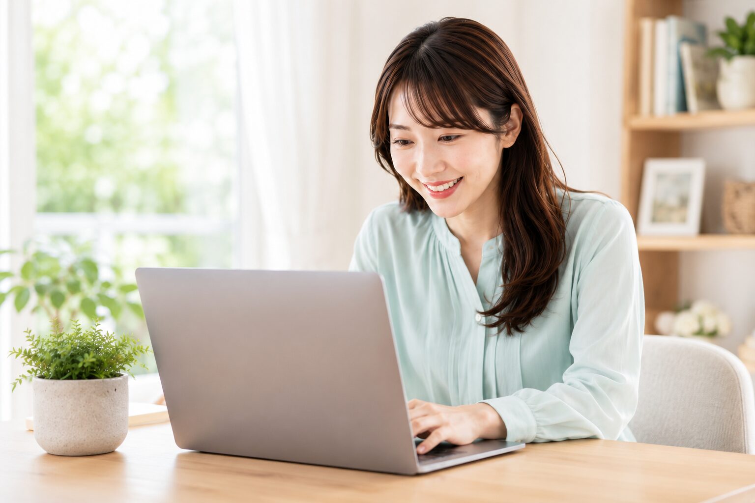 自宅のデスクでノートPCに向かい新しいツールを試す女性