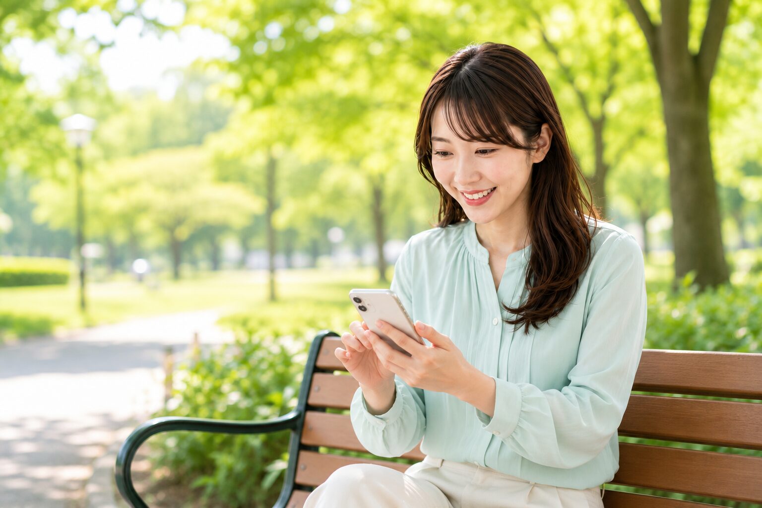 公園のベンチでスマホからタスクを送る女性