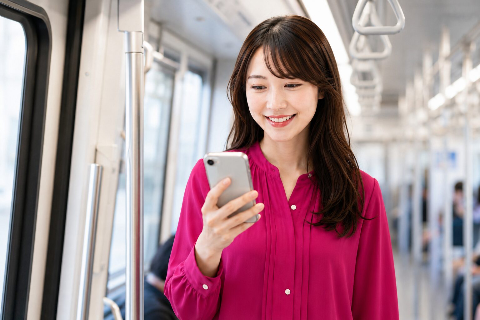 通勤電車の中でスマホを操作する会社員女性