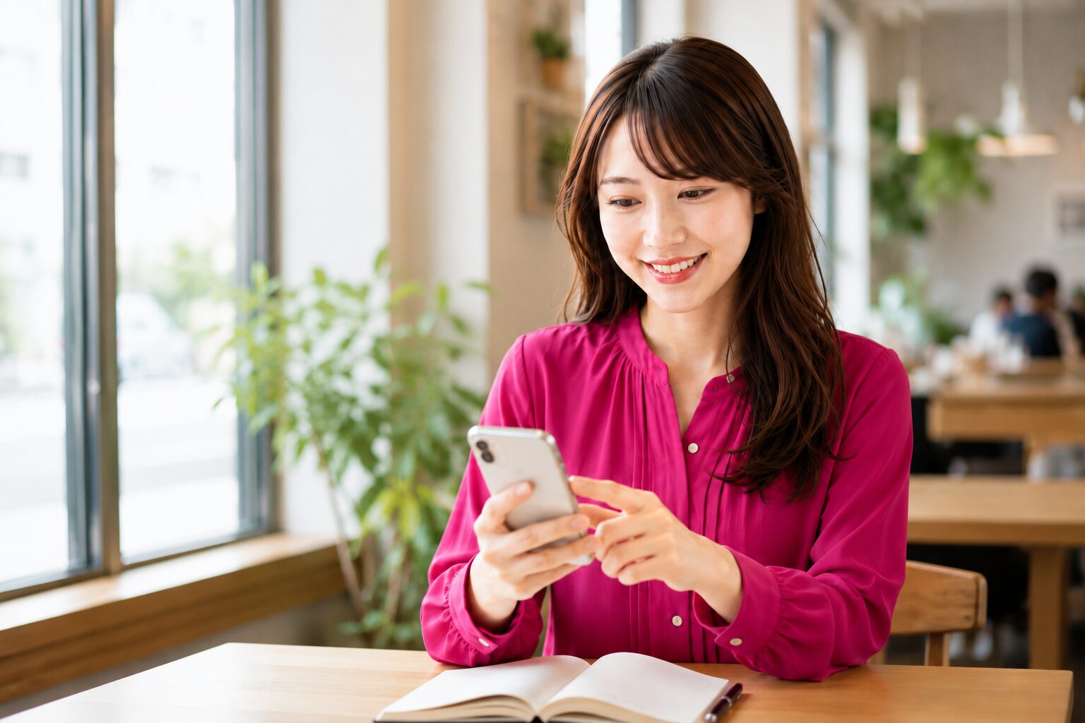 昼休みのカフェでスマホからスキマ時間に指示を送る女性