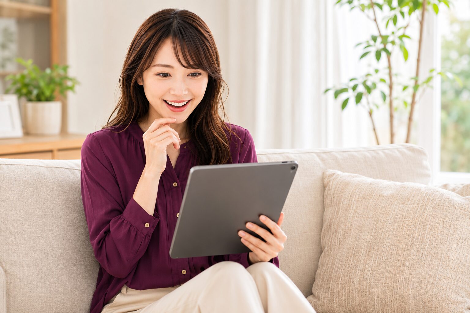 ソファでタブレットを手にClaudeを試してみようとする女性