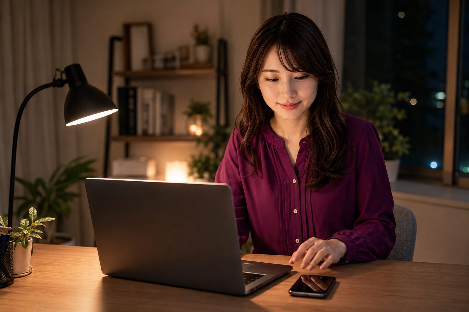 夜のデスクでノートPCとスマホを並行して使い作業する女性