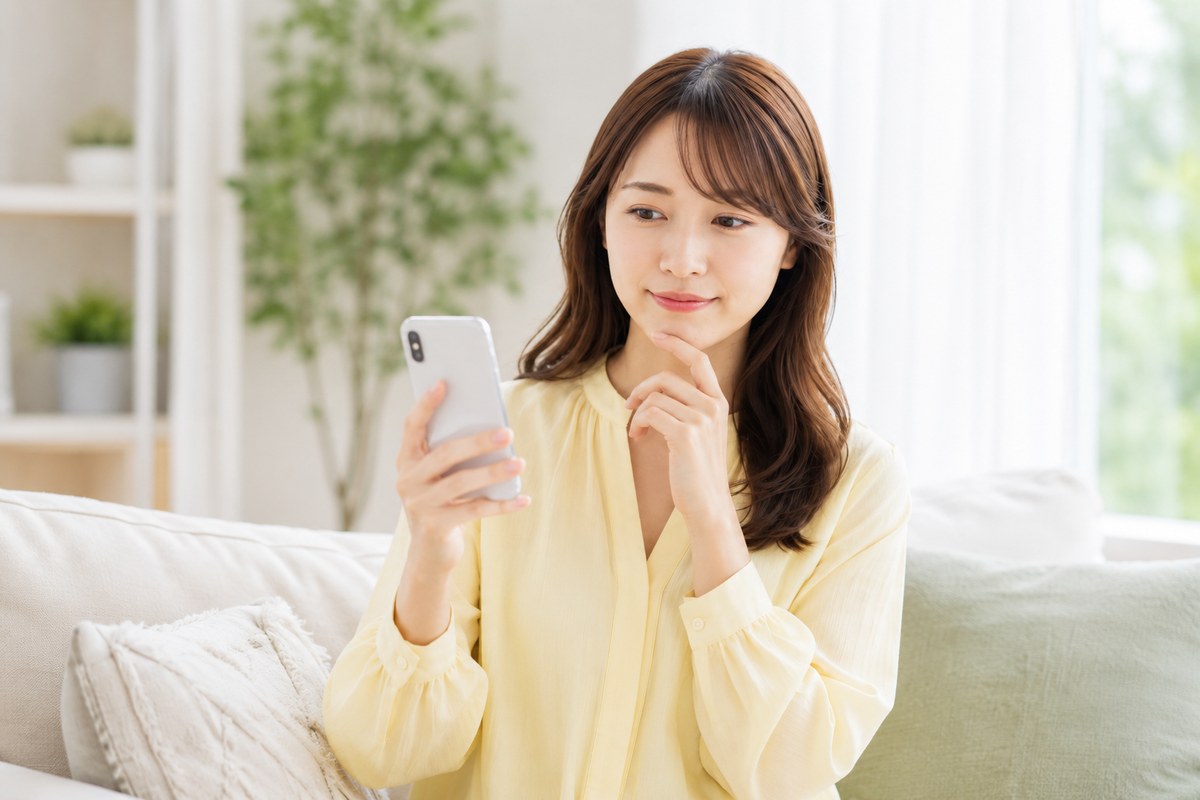 ココナラのAIルールをスマホで確かめる女性