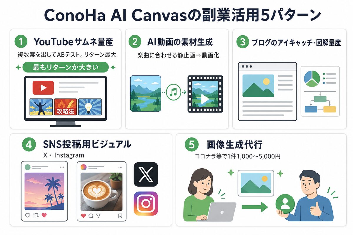 ConoHa AI Canvas副業活用5パターンロードマップ|YouTubeサムネ・AI動画素材・ブログアイキャッチ・SNSビジュアル・代行業の収益化フロー図