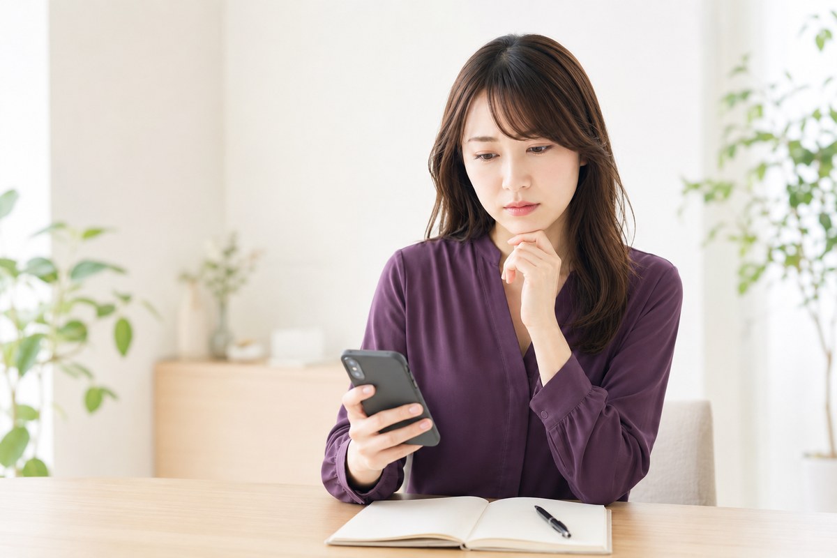 動画編集スクールの受講を検討してスマホで調べる女性
