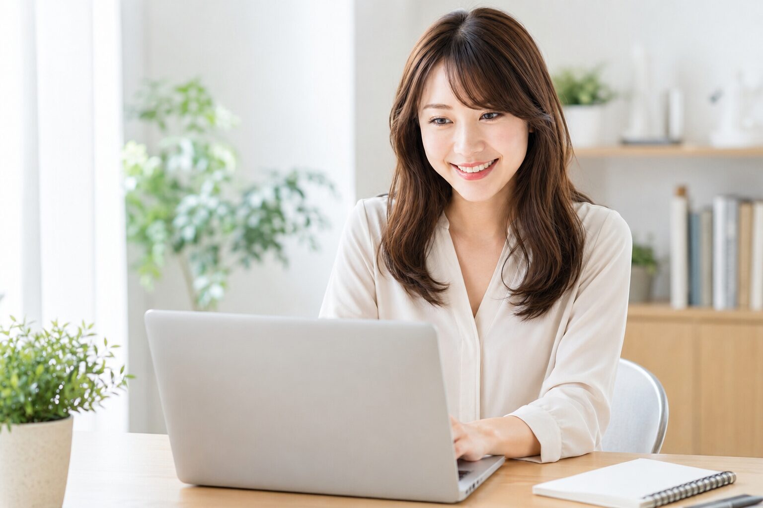 自宅デスクでノートPCを開き楽曲配信の準備を始める女性