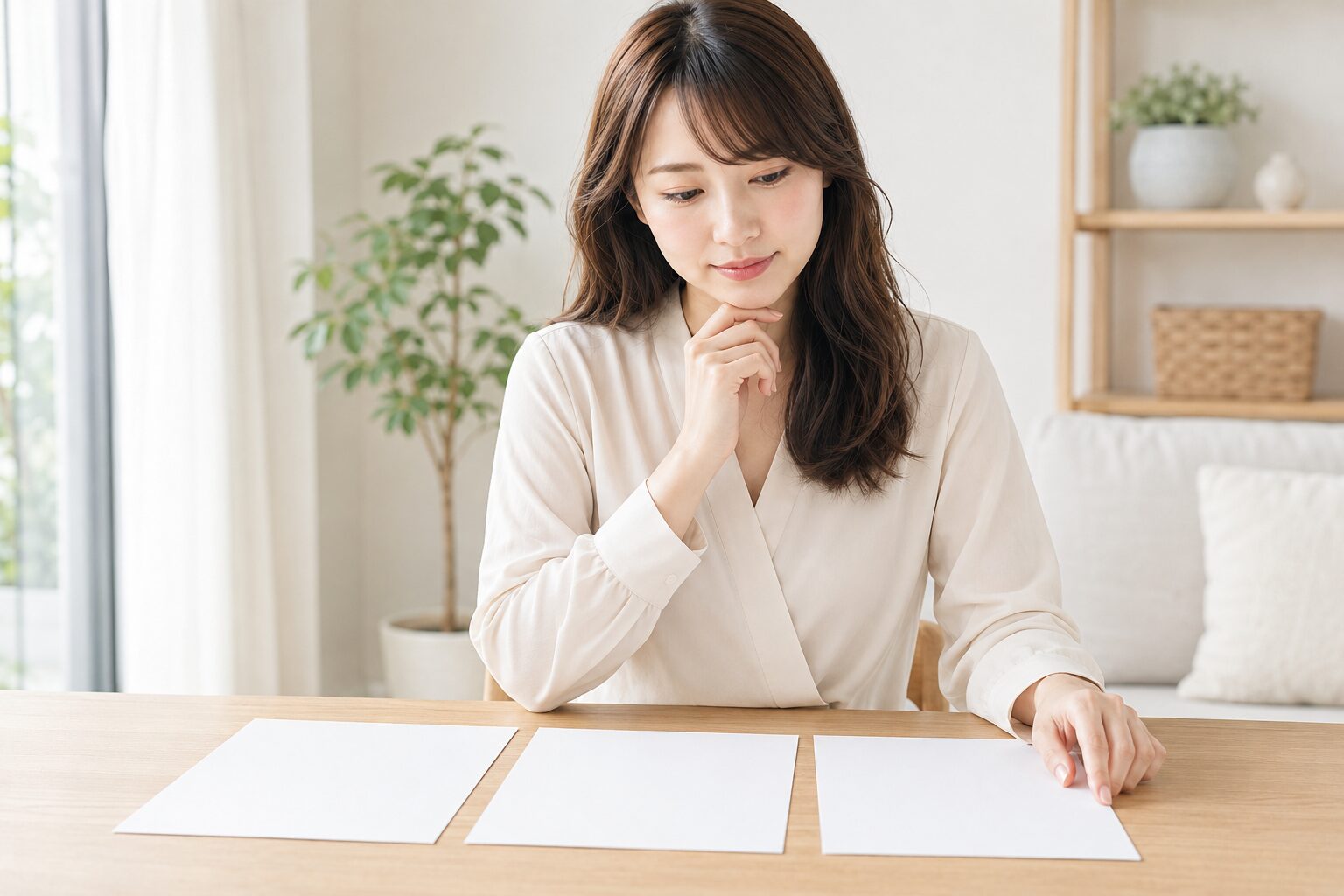 3つの配信サービスの資料を並べて見比べる女性