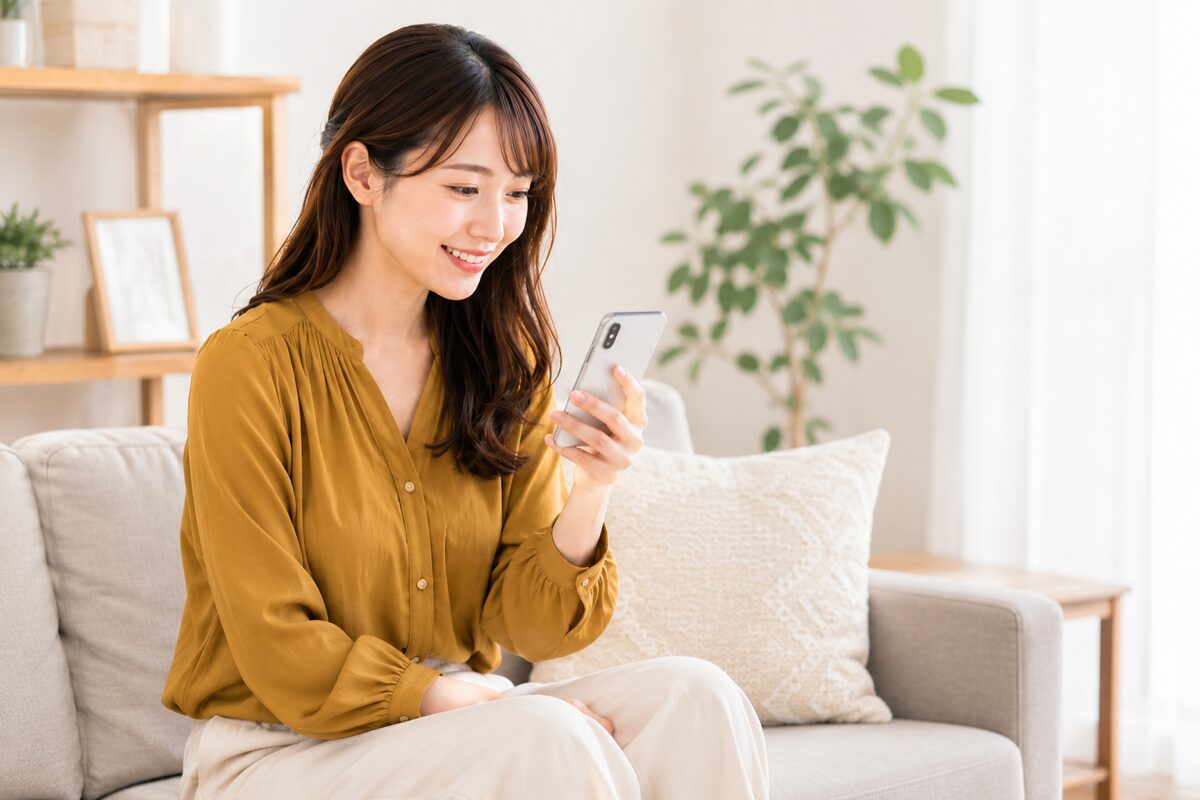 外注で時間に余裕ができてソファでくつろぐ会社員のイメージ