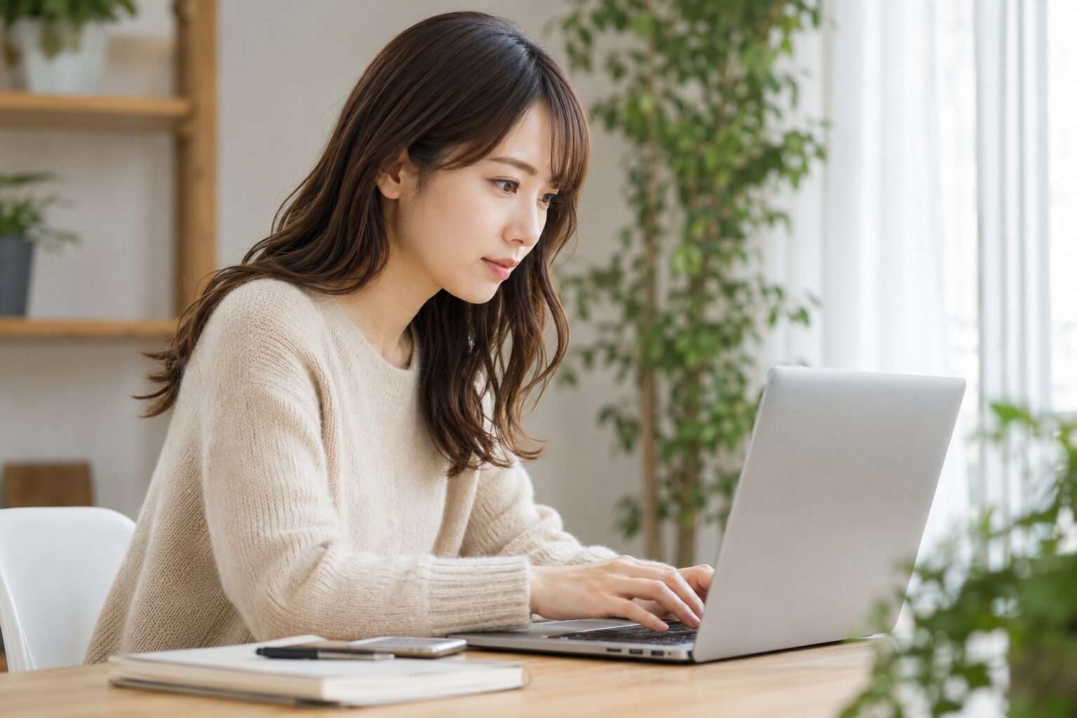 横顔でPCに向かい集中して動画編集作業をする会社員