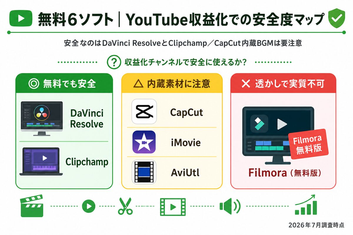 無料6ソフトのYouTube収益化での安全度マップ、DaVinci ResolveとClipchampが安全、CapCutとiMovieとAviUtlは注意、Filmora無料版は透かしで実質不可