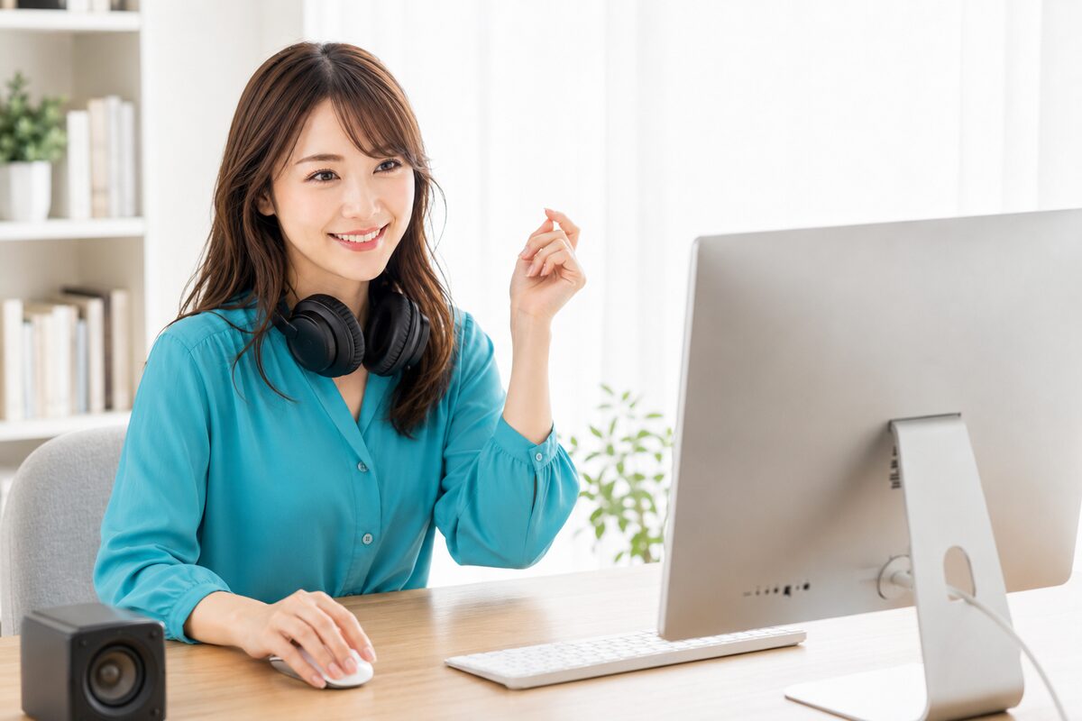 リズムに乗りながら楽しく音楽動画を編集する女性