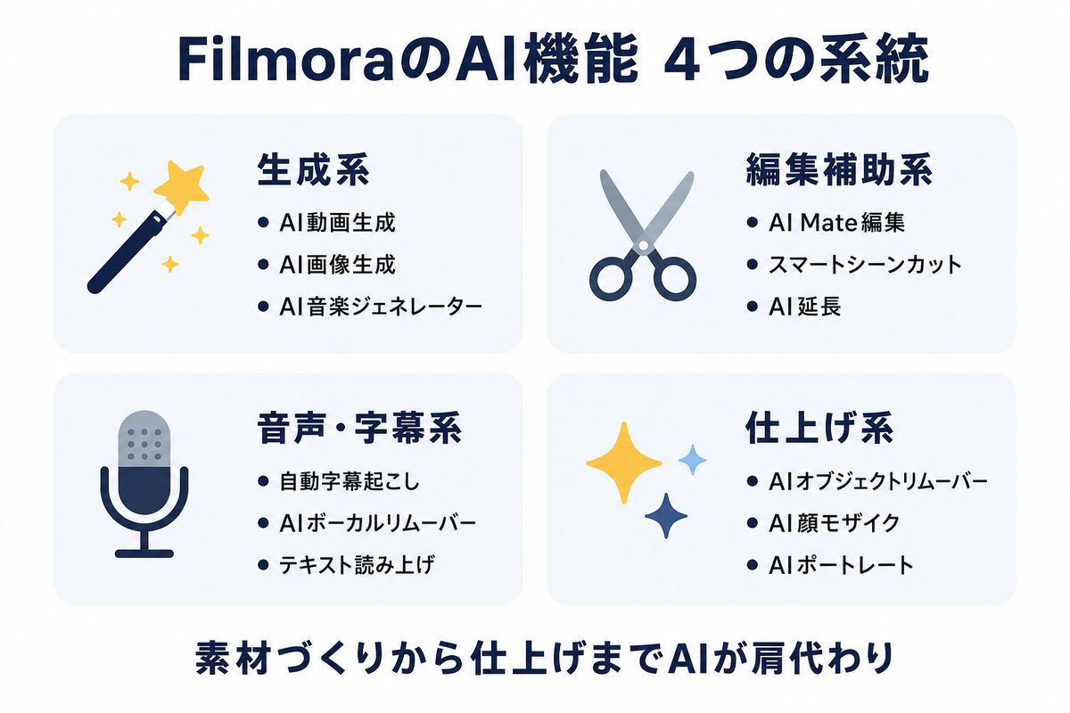 FilmoraのAI機能4系統マップ(生成系・編集補助系・音声字幕系・仕上げ系)