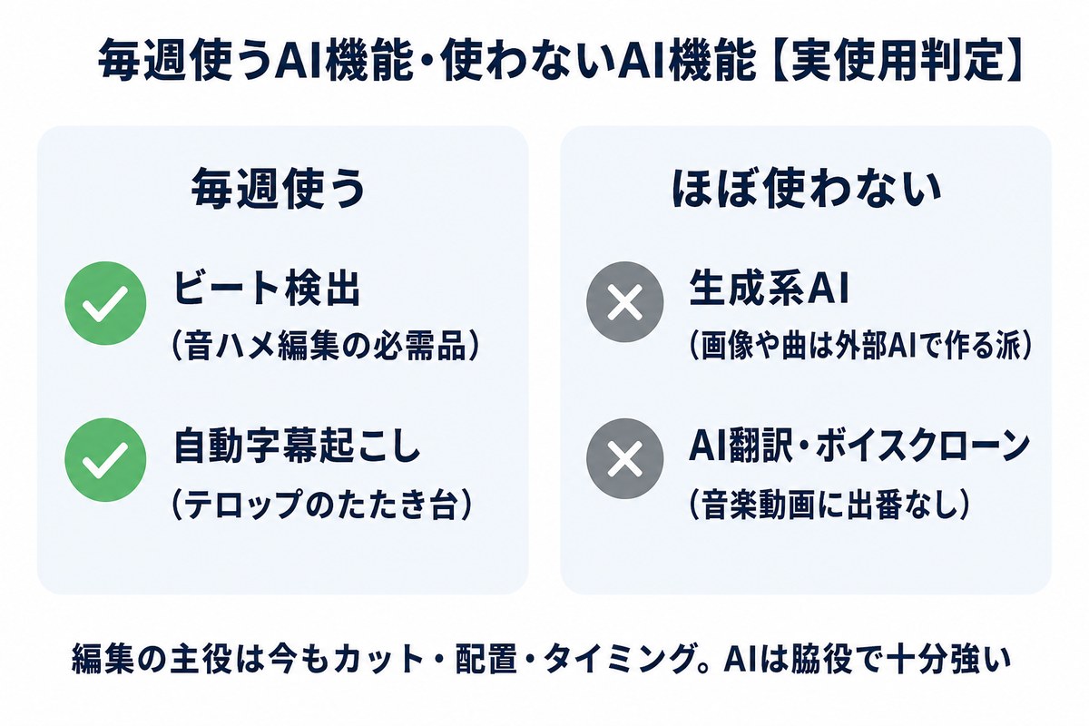 毎週使うAI機能と使わないAI機能の実使用判定図解