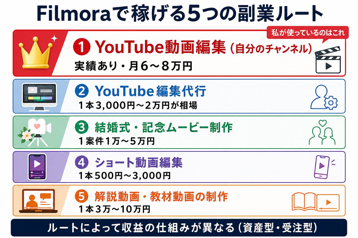 Filmoraで稼げる5つの副業ルート(YouTube動画編集・編集代行・結婚式ムービー・ショート動画・解説動画)の全体像図解