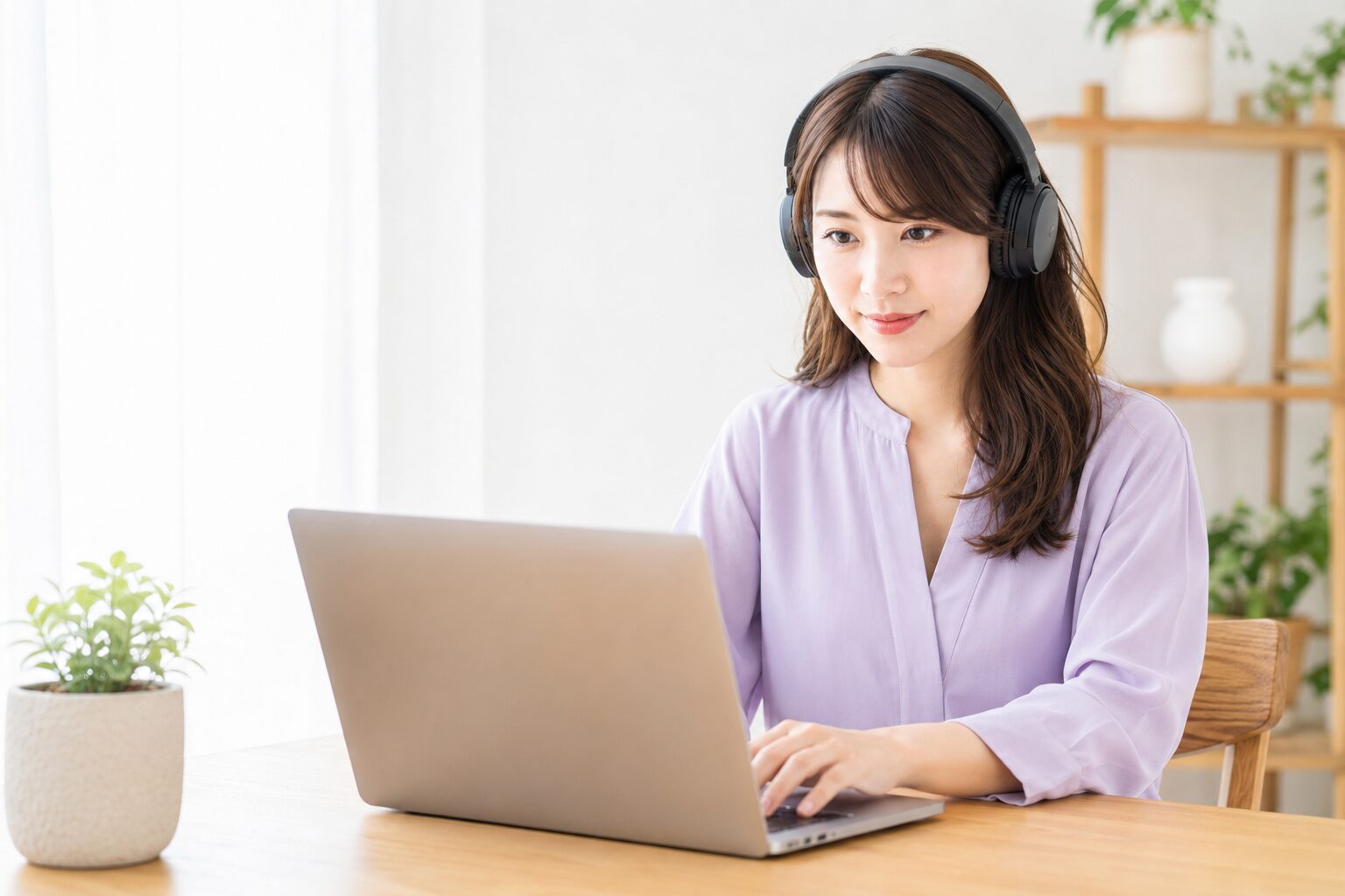 ヘッドホンをつけてノートPCで音楽動画を編集する女性