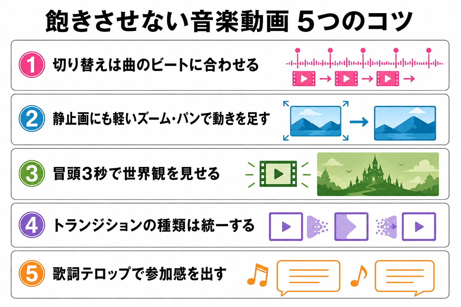 飽きさせない音楽動画5つのコツの図解