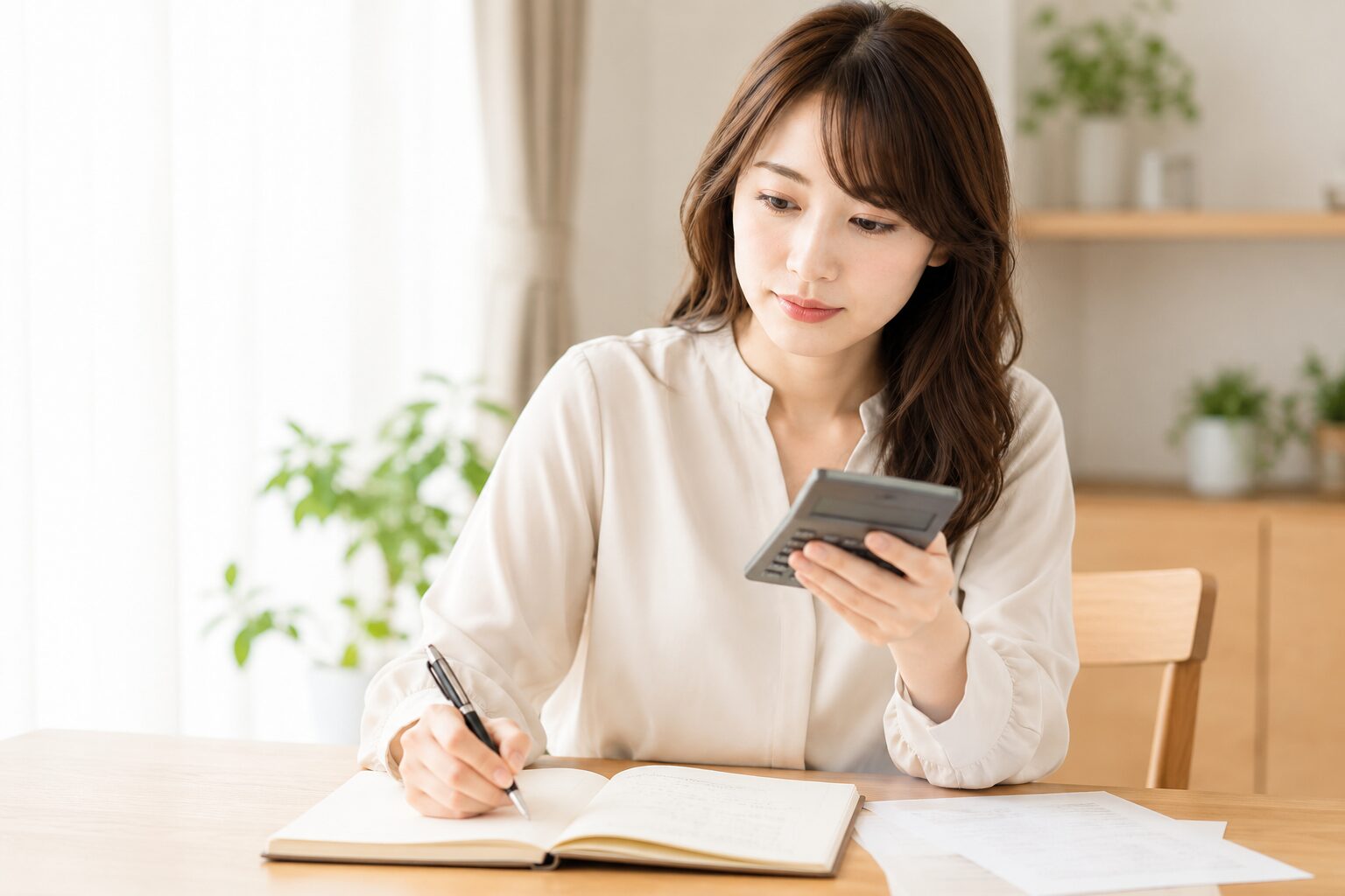 電卓とノートで買い切りとサブスクの費用を比べる女性