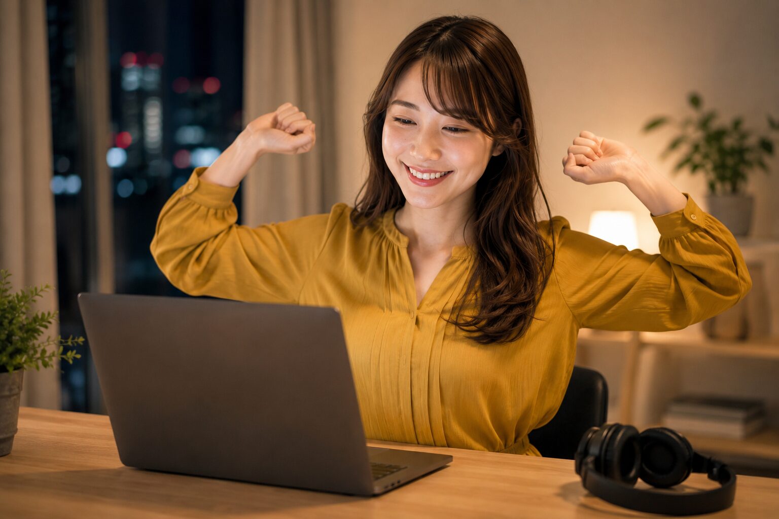 動画編集を終えて達成感の笑顔でひと息つく会社員女性