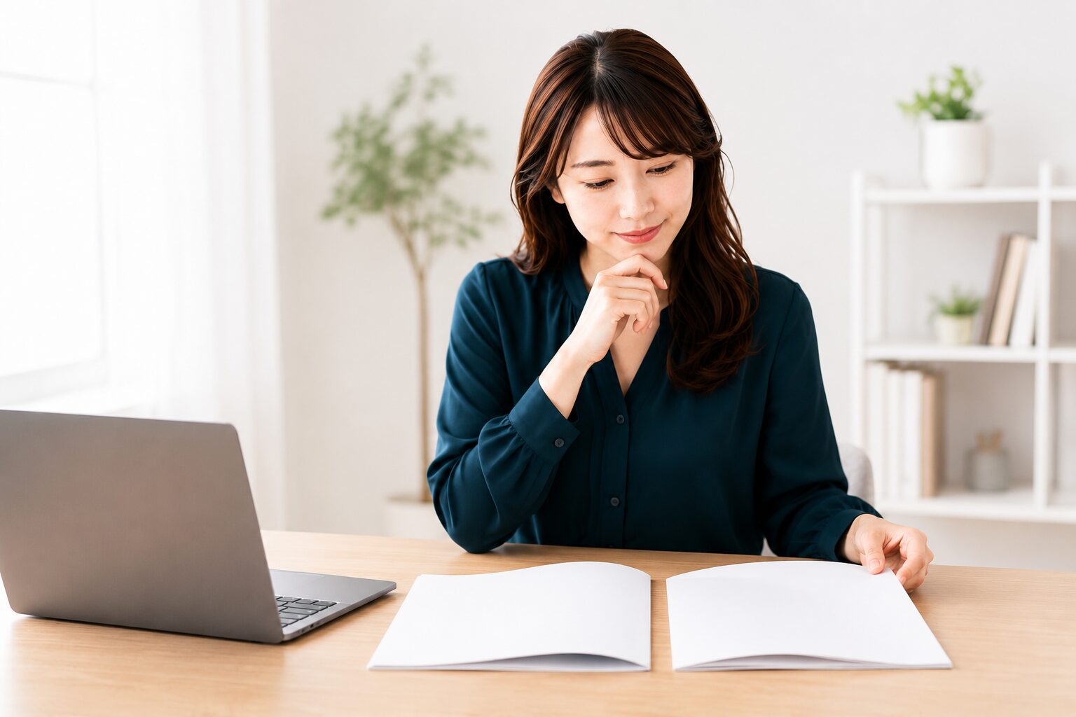 2つの動画編集ソフトの資料を見比べて検討する会社員女性