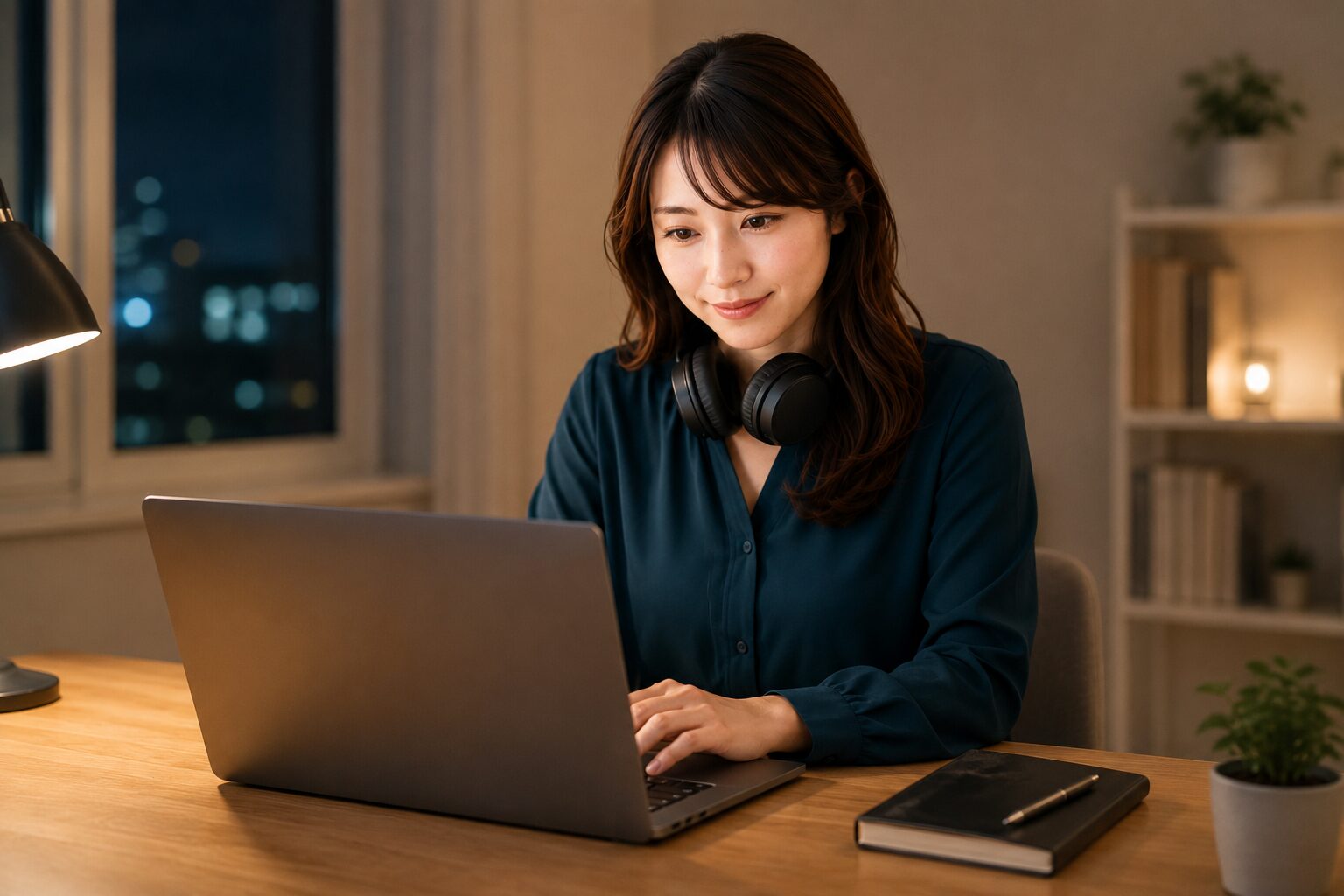 夜にヘッドホンを首にかけて動画編集に取り組む会社員女性