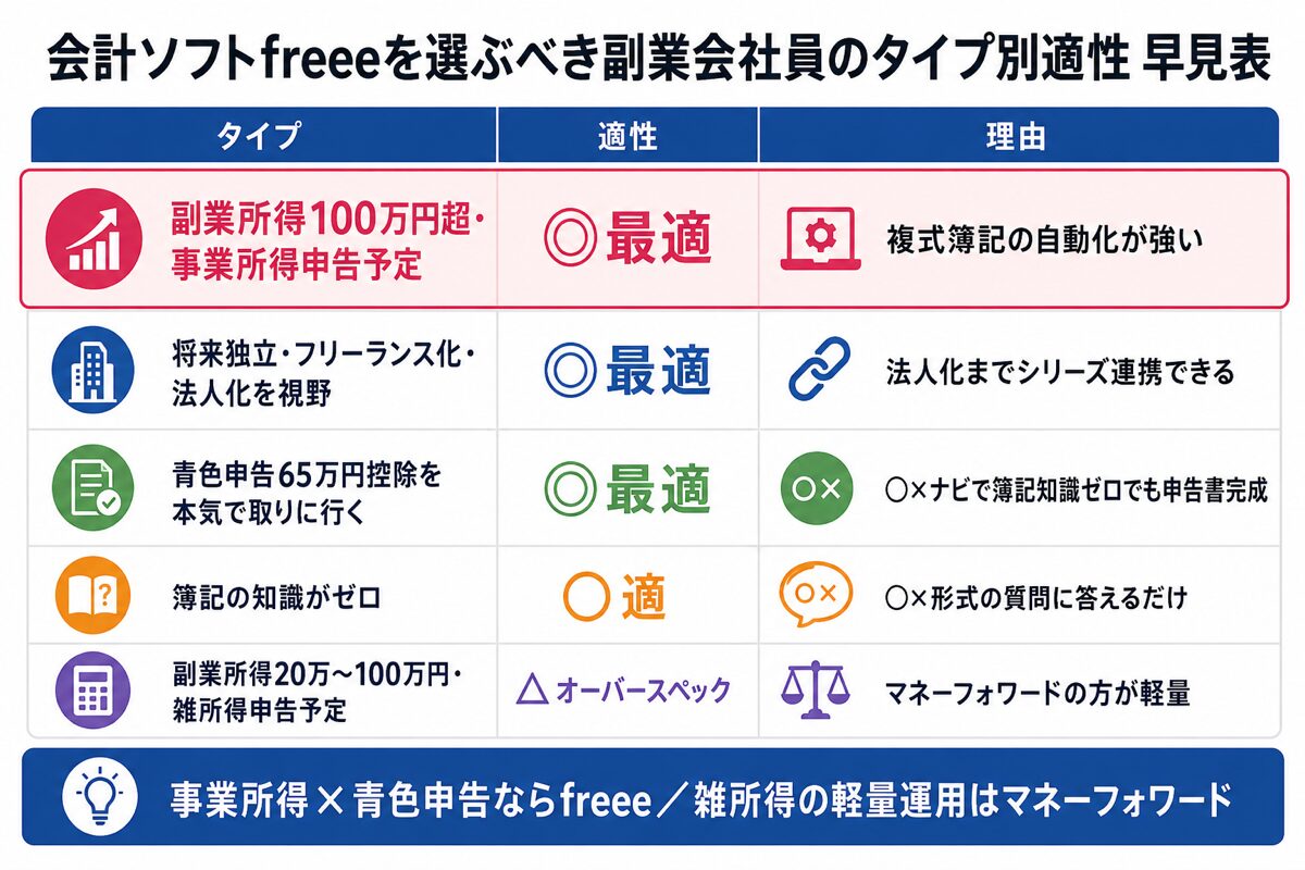 副業会社員タイプ別のfreee会計の適性早見表