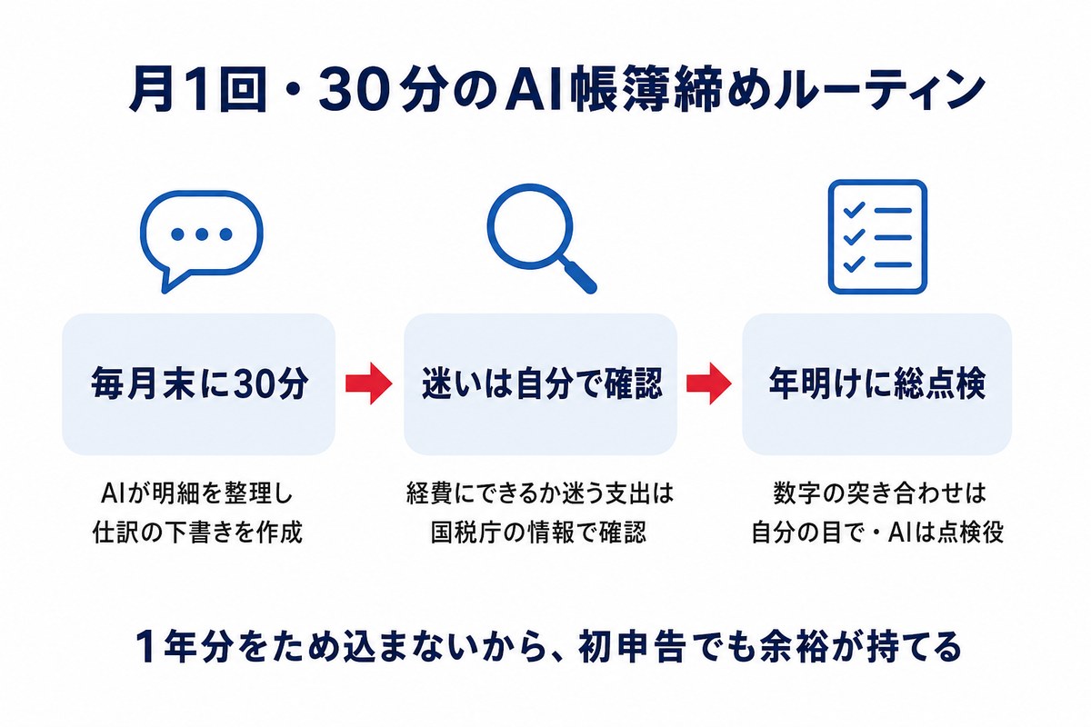 月1回30分のAI帳簿締めルーティン(3ステップ図解)