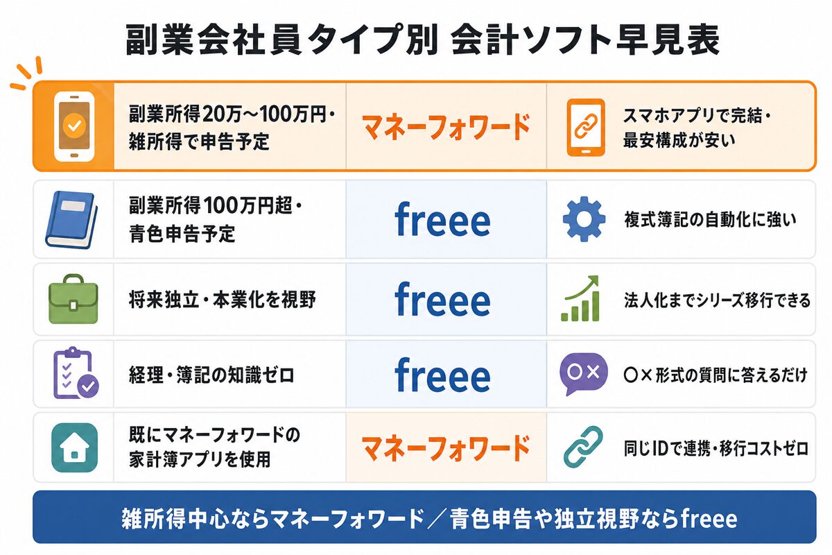 副業会社員タイプ別のfreeeとマネーフォワードの選び方早見表