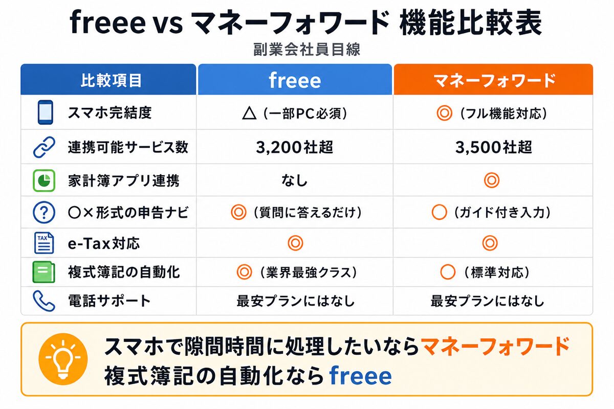 freeeとマネーフォワードの機能比較表(スマホ完結度・連携サービス数など)