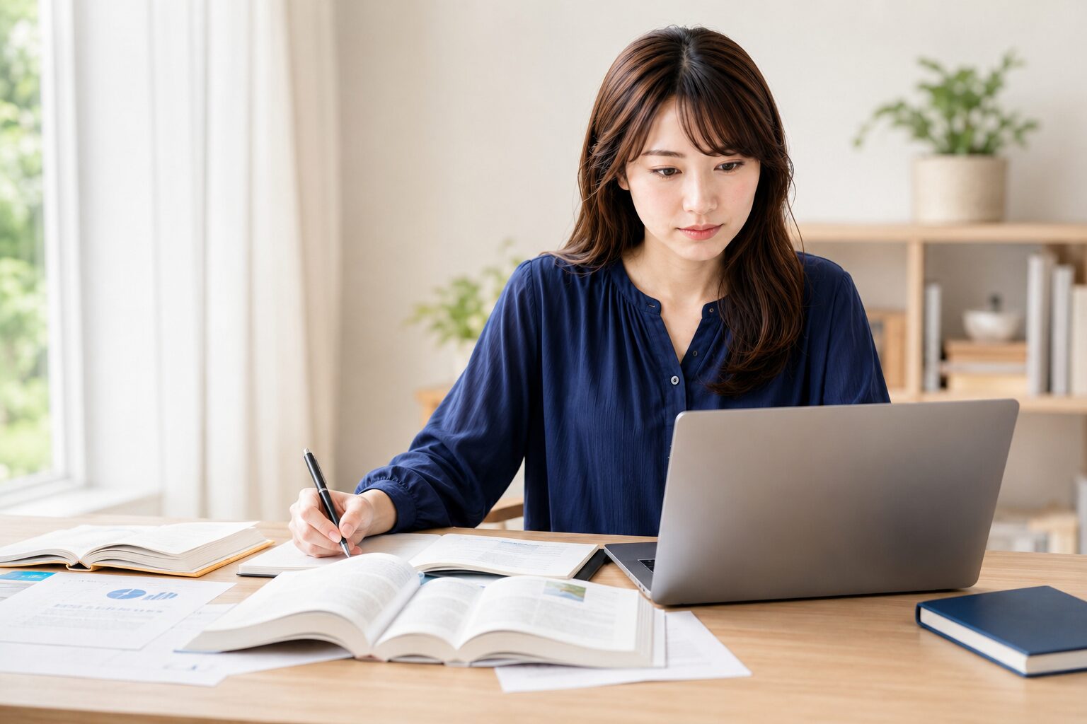 デスクで本と書類を広げ青色申告を調べながら勉強する女性