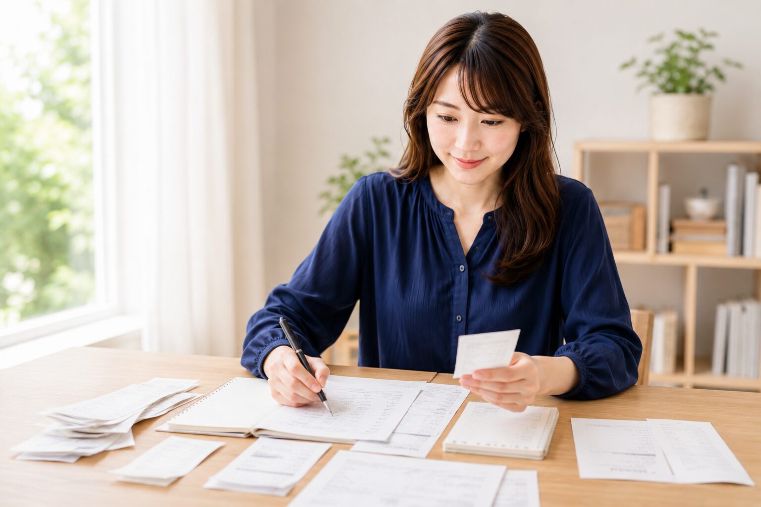 領収書と収益メモを整理して書類にチェックを入れる女性