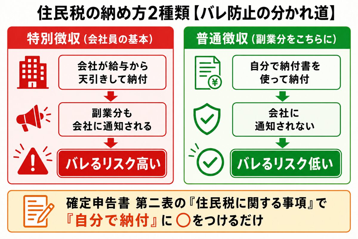 特別徴収vs普通徴収の比較図:特別徴収は会社経由で納税して副業バレリスク高、普通徴収は自分で納税して副業バレリスク低